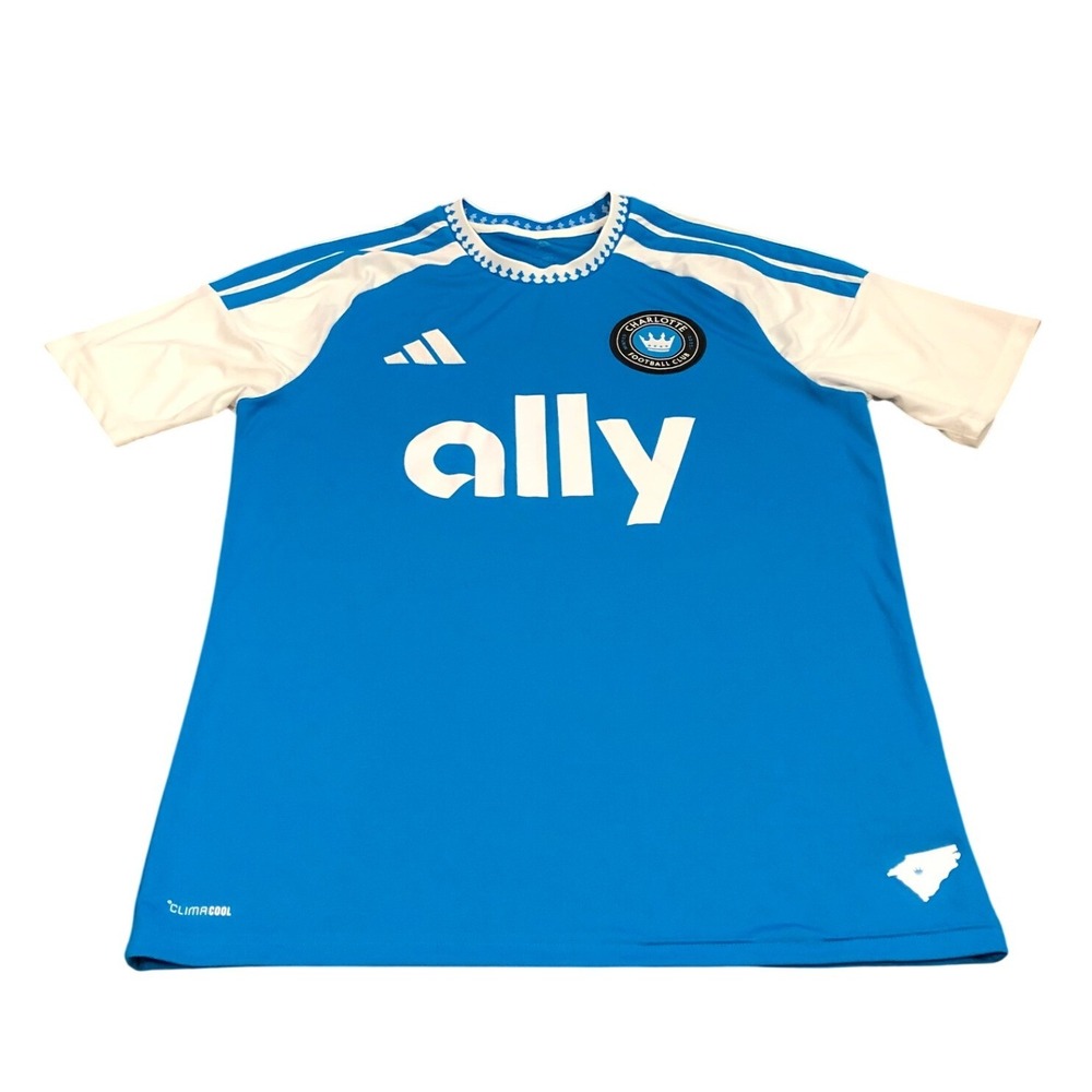 Adidas Charlotte FC Soccer Jersey Mens L Blue White Ally Slim Fit Climacool